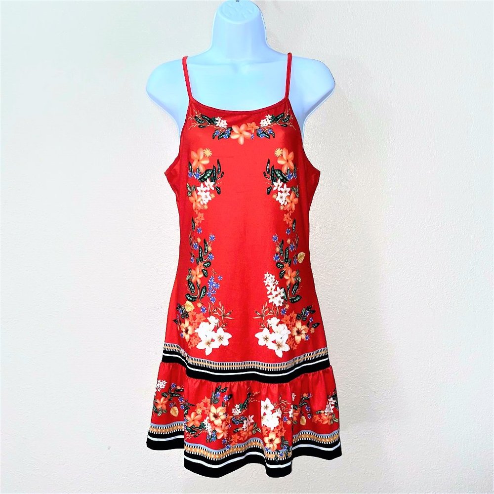 CBR Women's Swimsuit Floral Spaghetti Strap Cover Up Dress, Red Size M